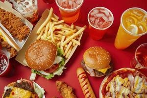 Lots of Tasty Fast Food Spread Across a Red Table, Featuring Burgers and Fries photo