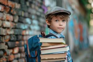 Little Schoolboy Holding Books with a Focused Expression photo
