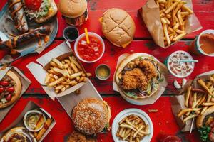 A Red Table Loaded with Delicious Fast Food Including Juicy Burgers and Crispy Fries photo