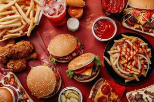 Lots of Tasty Fast Food Spread Across a Red Table, Featuring Burgers and Fries photo
