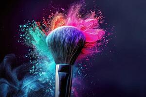 Artistic Splash of Color Powder from a Makeup Brush, Highlighting Precision and Glamour photo