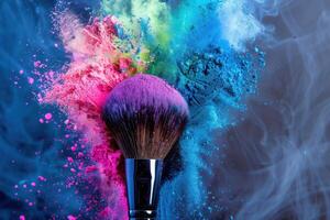 Makeup Brush Creating a Colorful Powder Splash, Enhancing Beauty with a Vibrant Effect photo