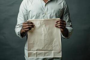 Man Holding a Blank Shopping Bag, Ready for Retail Purchases with a Simple and Casual Design photo