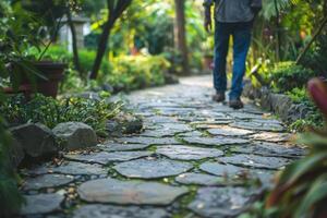 Strolling on a Stone Path Through a Lush Garden Landscape photo