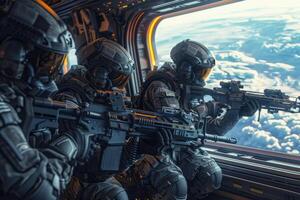 Armed Soldiers in Uniform Conducting Security Duties on a High Tech Spacecraft for a Space Mission photo