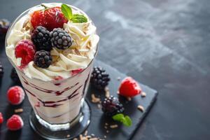 Milkshake with Fresh Berries and Cream Served in a Glass, Perfect for a Sweet Treat photo