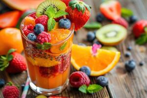 Refreshing Glass of Colorful Fruit Smoothie Featuring a Blend of Juicy and Nutritious Fruits photo