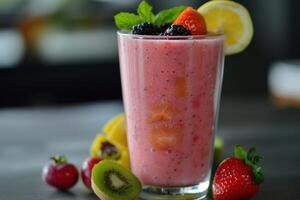 Refreshing Glass of Colorful Fruit Smoothie Featuring a Blend of Juicy and Nutritious Fruits photo