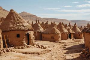 Traditional Mud Houses in the Desert, Showcasing Rustic Architecture and Sustainable Living in Arid Environments photo