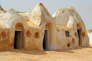 Desert Dwellings Made of Mud, Featuring Primitive Structures and Historic Earth-Based Architecture photo