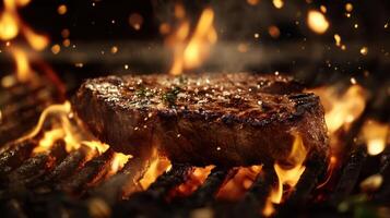 Sizzling Steak Cooking Over Flaming Charcoal photo