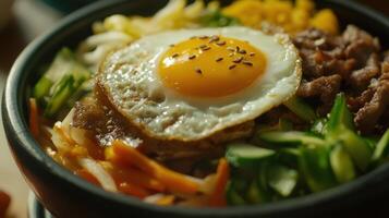 Korean Bibimbap Topped with Fried Egg, Meat, and Vegetables photo