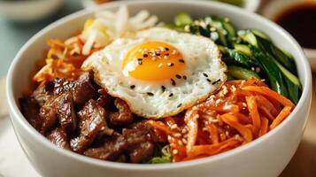 Korean Bibimbap Topped with Fried Egg, Meat, and Vegetables photo