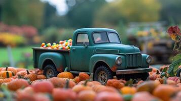 macro shot of a toy pickup truck on a farm with a casual setting. photo