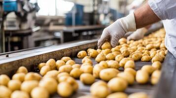 Man Checking Potatoes Moving Along a Production Line photo