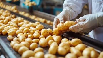 Worker Examining Potatoes on a Factory Conveyor Belt photo