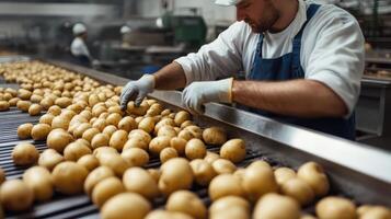 Man Checking Potatoes Moving Along a Production Line photo