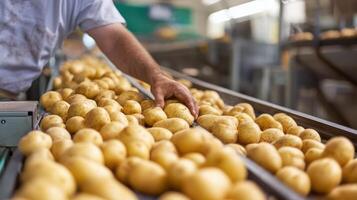 Worker Examining Potatoes on a Factory Conveyor Belt photo