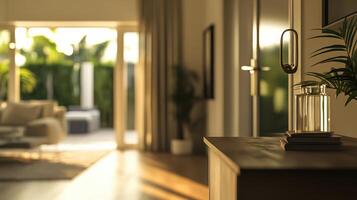 A close-up of sleek modern keys against a softly blurred interior backdrop. photo