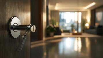A close-up of sleek modern keys against a softly blurred interior backdrop. photo