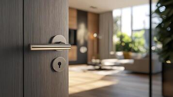 Modern keys in sharp focus with a beautifully blurred interior background. photo