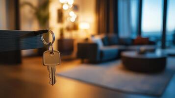 Modern keys in sharp focus with a beautifully blurred interior background. photo