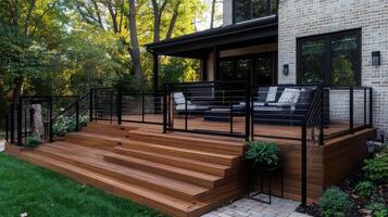 Contemporary Wooden Deck and Stairs with Black Railing photo