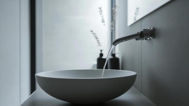 A modern minimalist bathroom featuring a sleek faucet with running water. photo