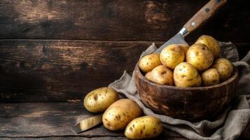 Nostalgic image capturing potatoes, a knife, a masher, and a pot in a vintage style. photo