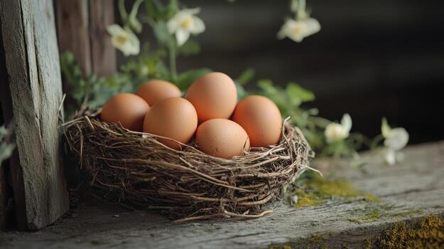 Free-range eggs displayed in a rustic setting, highlighting their natural quality. photo