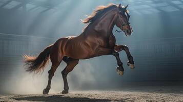 Strong Brown Horse Jumping in an Arena photo