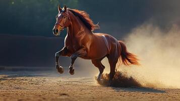 Energetic Brown Horse Leaping in a Riding Arena photo