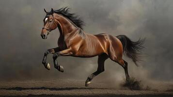 Energetic Brown Horse Leaping in a Riding Arena photo