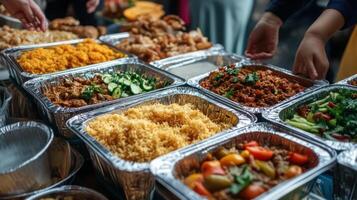 Iftar takeaway boxes for Ramadan family meals, showcasing diverse options. photo