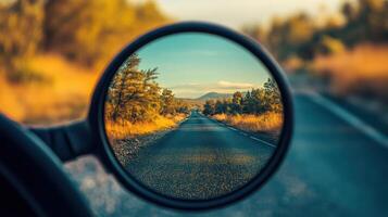 Mirror reflection on the road, capturing a view of the surroundings. photo