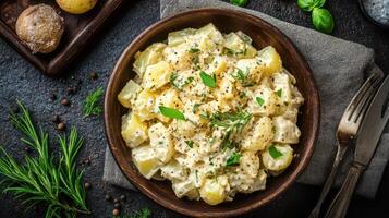 Hearty potato salad featuring mustard seeds and a rustic presentation. photo