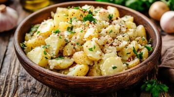Rustic-style potato salad with mustard seeds and white dressing. photo