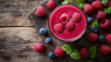 a raspberry on a wooden table, with selective focus. photo