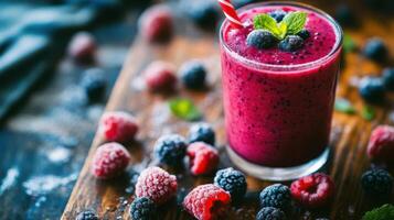 a raspberry on a wooden table, with selective focus. photo