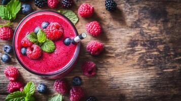 Selective focus on a wooden table featuring a single raspberry. photo