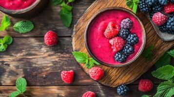 Selective focus on a wooden table featuring a single raspberry. photo