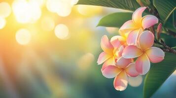 a bunch of Plumeria flowers on a tree with a selective focus. photo