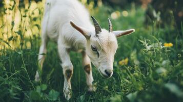 A small goat feeding in a green, lush field. photo