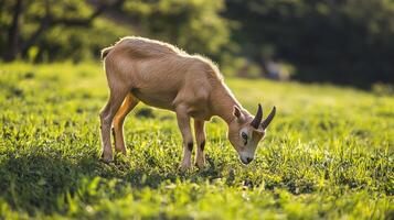 Tiny goat grazing amid a verdant pasture. photo