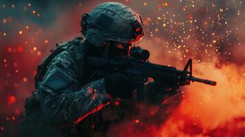A soldier actively engaged in action during a mission. photo