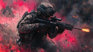 A soldier actively engaged in action during a mission. photo