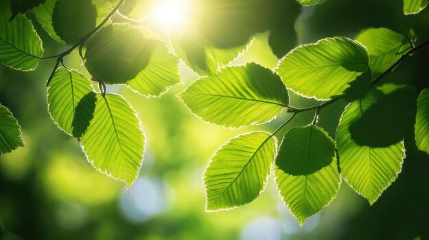 Sunlight Illuminating Green Leaves in a Forest photo
