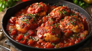 Classic chicken cacciatore served in a tomato sauce. photo