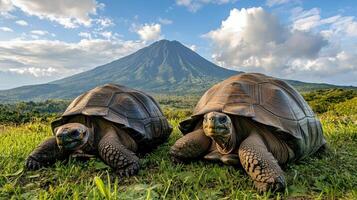 Two large tortoises rest in the grass with a mountain backdrop. photo