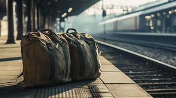 Travel Bags Resting on a Platform Next to the Train Tracks photo